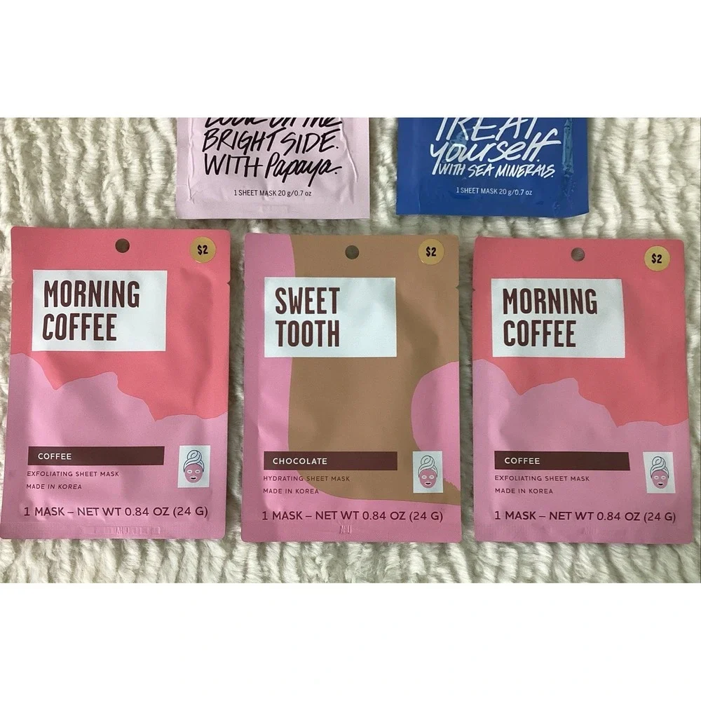 Facial Masks Pink Glow Spa Sweet Coffee Lot of 5 Individual 1 Sheet‎ Packages